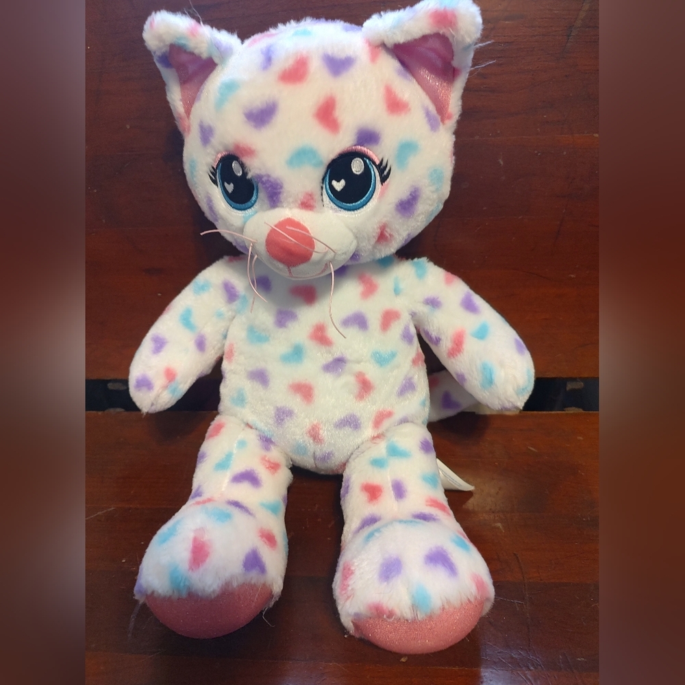 Build a Bear Rainbow Pastel Heart White Kitty Cat 16" BAB Stuffed Plush